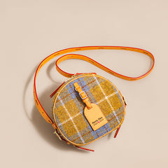 Cute Womens Small Yellow Leather Tweed Round Crossbody Purse Handmade Round Shoulder Bag for Women