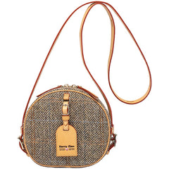 Cute Womens Small Blue Leather Tweed Round Crossbody Purse Handmade Round Shoulder Bag for Women