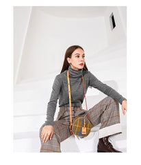 Cute Womens Small Yellow Leather Tweed Round Crossbody Purse Handmade Round Shoulder Bag for Women