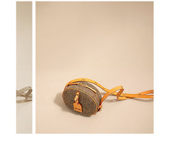 Cute Womens Small Blue Leather Tweed Round Crossbody Purse Handmade Round Shoulder Bag for Women
