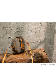 Cute Womens Small Blue Leather Tweed Round Crossbody Purse Handmade Round Shoulder Bag for Women
