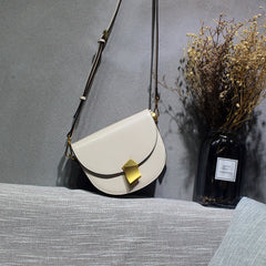 Cute Womens White Leather Half Round Crossbody Purse Round White Saddle Shoulder Bag for Women