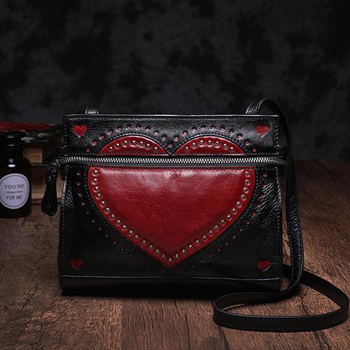 Black Vintage Womens Genuine Leather Heart Shoulder Bag Side Bag Purse for Ladies