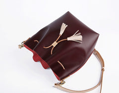 Cute Handmade Leather Womens Bucket Shoulder Bag Barrel Crossbody Purse for Women