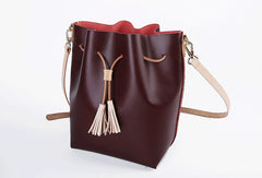 Cute Handmade Leather Womens Bucket Shoulder Bag Barrel Crossbody Purse for Women