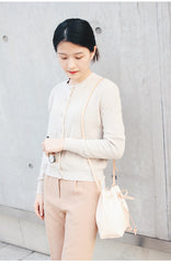 Cute LEATHER Beige Bucket Bag WOMENs SHOULDER BAG Purses FOR WOMEN