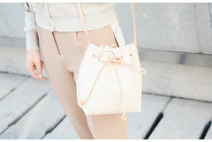 Cute LEATHER Beige Bucket Bag WOMENs SHOULDER BAG Purses FOR WOMEN