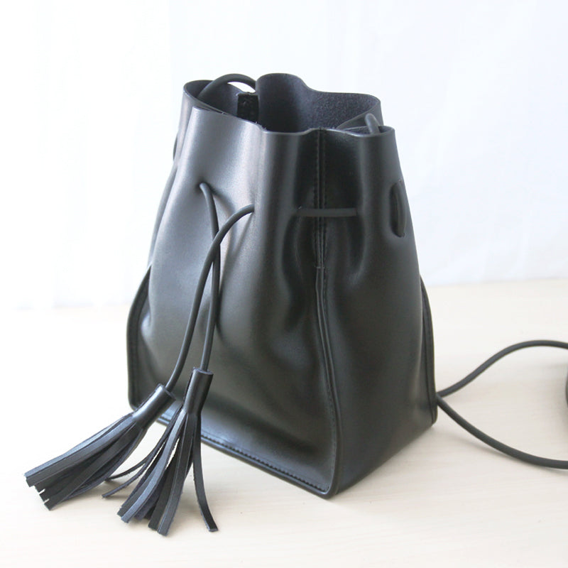 Cute LEATHER Black Bucket Bag WOMENs SHOULDER BAG Purses FOR WOMEN