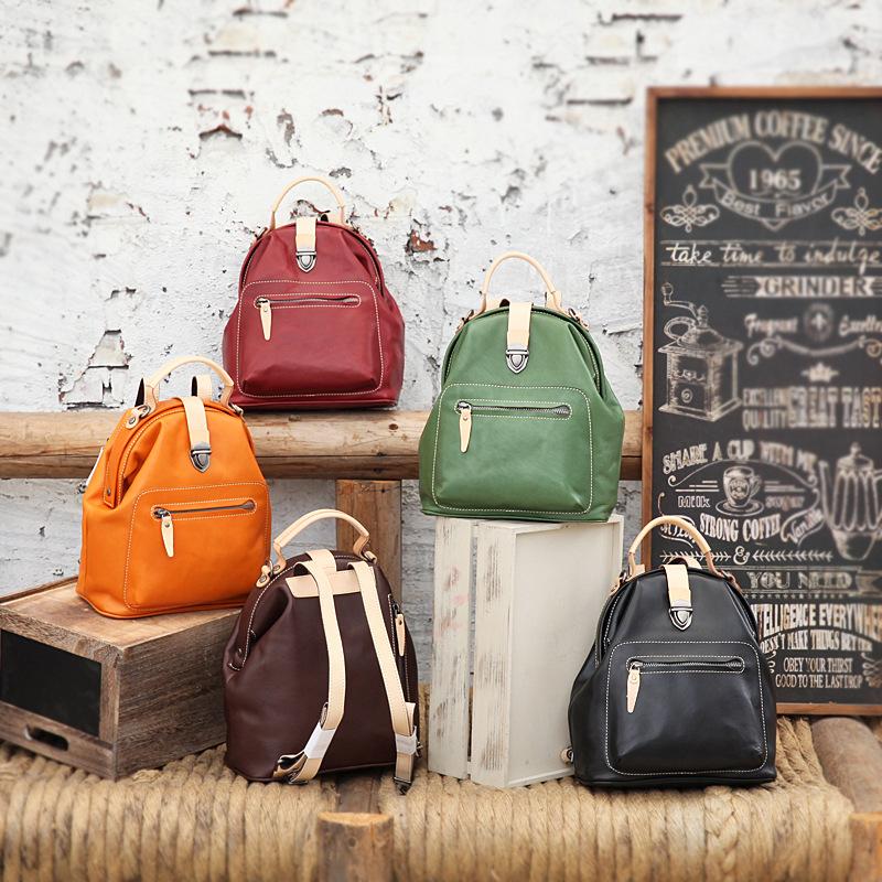 Fashion Handmade Womens Black Leather Backpack Satchel Bag Black School Backpack for Women