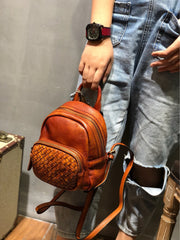 Brown Cute Leather Womens Backpacks Small Braided Leather Backpack Trendy Backpacks for Ladies