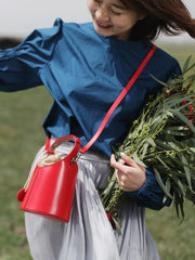 Cute Red Womens Leather Small Bucket Handbag  Black Small Barrel Shoulder Purse for Ladies