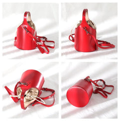 Cute Red Womens Leather Small Bucket Handbag  Black Small Barrel Shoulder Purse for Ladies