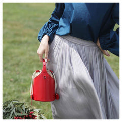 Cute Red Womens Leather Small Bucket Handbag  Black Small Barrel Shoulder Purse for Ladies