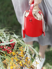 Cute Red Womens Leather Small Bucket Handbag  Black Small Barrel Shoulder Purse for Ladies