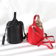 Cute Red Womens Leather Small Bucket Handbag  Black Small Barrel Shoulder Purse for Ladies