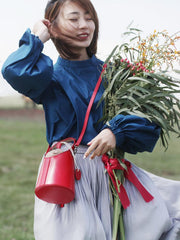 Cute Red Womens Leather Small Bucket Handbag  Black Small Barrel Shoulder Purse for Ladies