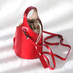 Cute Red Womens Leather Small Bucket Handbag  Black Small Barrel Shoulder Purse for Ladies