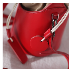 Cute Red Womens Leather Small Bucket Handbag  Black Small Barrel Shoulder Purse for Ladies