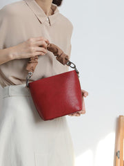 Brown Womens Leather Small Bucket Handbag Red Small Barrel Shoulder Purse for Ladies