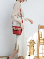 Brown Womens Leather Small Bucket Handbag Red Small Barrel Shoulder Purse for Ladies