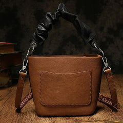 Brown Womens Leather Small Bucket Handbag Red Small Barrel Shoulder Purse for Ladies
