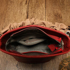 Red Cute Small Womens Leather Bucket Handbag Brown Fashion Barrel Purses for Ladies