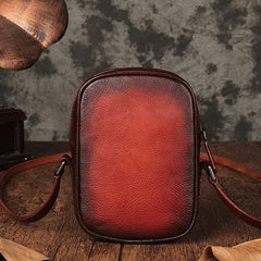 Vintage Womens Small Tan Leather Side Bag Mini Phone Red Shoulder Bag Square Crossbody Bag