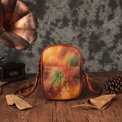 Vintage Womens Small Tan Leather Side Bag Mini Phone Dog Cat Shoulder Bag Square Crossbody Bag