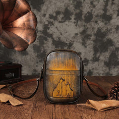 Vintage Womens Small Tan Leather Side Bag Mini Phone Dog Cat Shoulder Bag Square Crossbody Bag