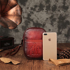 Vintage Womens Small Tan Leather Side Bag Mini Phone Red Shoulder Bag Square Crossbody Bag
