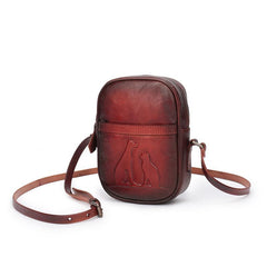 Vintage Womens Small Tan Leather Side Bag Mini Phone Red Shoulder Bag Square Crossbody Bag