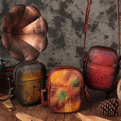 Vintage Womens Small Tan Leather Side Bag Mini Phone Red Shoulder Bag Square Crossbody Bag