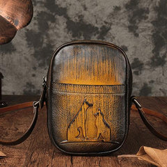 Vintage Womens Small Tan Leather Side Bag Mini Phone Dog Cat Shoulder Bag Square Crossbody Bag