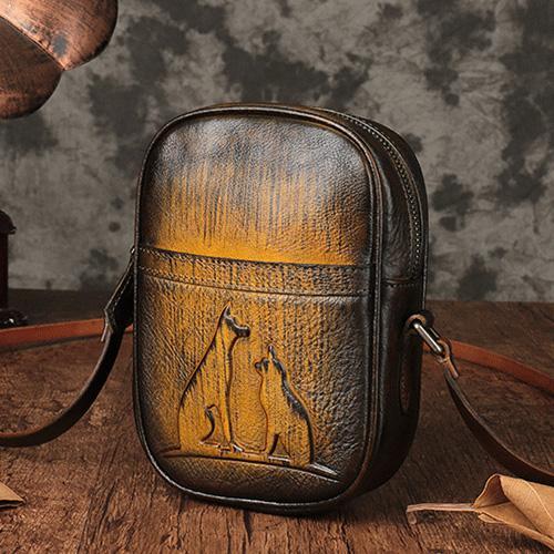 Vintage Womens Small Tan Leather Side Bag Mini Phone Red Shoulder Bag Square Crossbody Bag