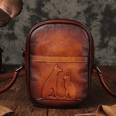 Vintage Womens Small Tan Leather Side Bag Mini Phone Red Shoulder Bag Square Crossbody Bag
