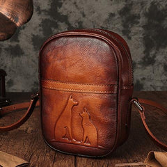 Vintage Womens Small Tan Leather Side Bag Mini Phone Dog Cat Shoulder Bag Square Crossbody Bag