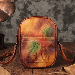 Vintage Womens Small Tan Leather Side Bag Mini Phone Red Shoulder Bag Square Crossbody Bag