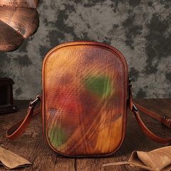 Vintage Womens Small Tan Leather Side Bag Mini Phone Red Shoulder Bag Square Crossbody Bag