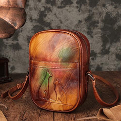 Vintage Womens Small Tan Leather Side Bag Mini Phone Dog Cat Shoulder Bag Square Crossbody Bag