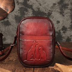 Vintage Womens Small Tan Leather Side Bag Mini Phone Red Shoulder Bag Square Crossbody Bag