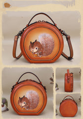 Cutest Women Brown Leather Round Handbag sSquirrel Crossbody Purse Vintage Round Shoulder Bags for Women