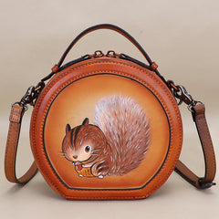 Cutest Women Brown Leather Round Handbag sSquirrel Crossbody Purse Vintage Round Shoulder Bags for Women