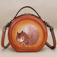 Cutest Women Coffee Leather Round Handbag sSquirrel Crossbody Purse Vintage Round Shoulder Bags for Women