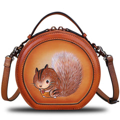 Cutest Women Coffee Leather Round Handbag sSquirrel Crossbody Purse Vintage Round Shoulder Bags for Women