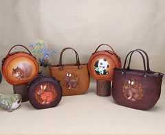 Cutest Women Brown Leather Round Handbag sSquirrel Crossbody Purse Vintage Round Shoulder Bags for Women