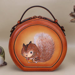 Cutest Women Brown Leather Round Handbag sSquirrel Crossbody Purse Vintage Round Shoulder Bags for Women