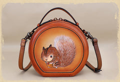 Cutest Women Brown Leather Round Handbag sSquirrel Crossbody Purse Vintage Round Shoulder Bags for Women