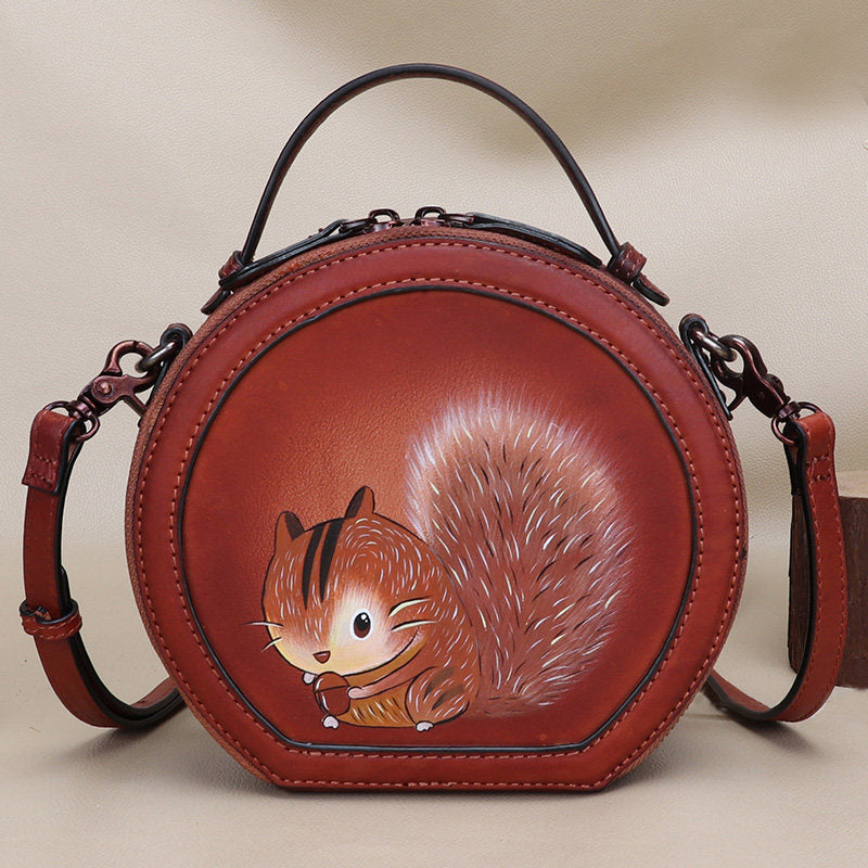 Cutest Women Coffee Leather Round Handbag sSquirrel Crossbody Purse Vintage Round Shoulder Bags for Women