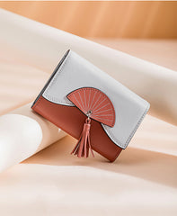 Cutest Women Leather Small Wallet CONTRAST COLOR Billfold Card Wallet with Folding Fan For Women