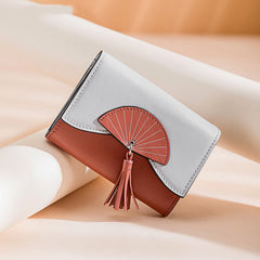 Cutest Women Leather Small Wallet CONTRAST COLOR Billfold Card Wallet with Folding Fan For Women